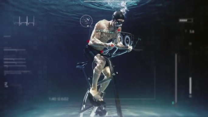 年轻男运动员在固定自行车机上运动的电影镜头，最新的创新技术增强现实全息图在水下。运动、健身、沉浸式技