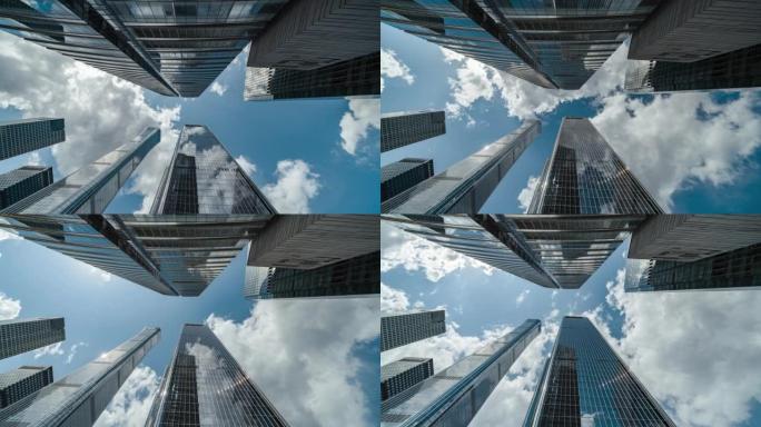 高层企业建筑摩天大楼和天空的T/L平底锅低角度视图