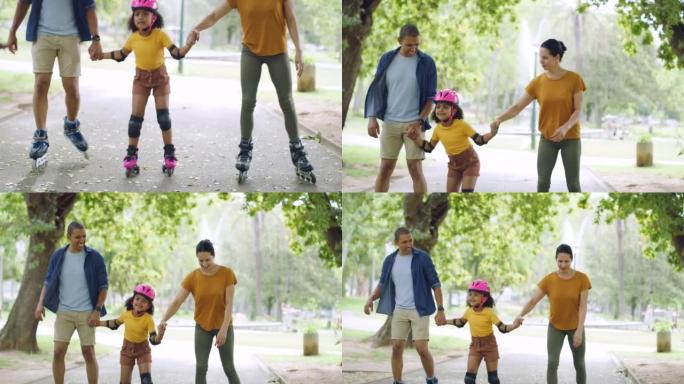 与可爱的收养女孩一起与父母学习轮滑的家庭。年轻的收养夫妇教养女如何在公园外面滚轴。母亲、父亲和他们可