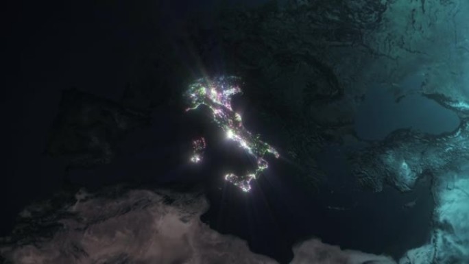从太空中看到意大利的闪亮城市灯光