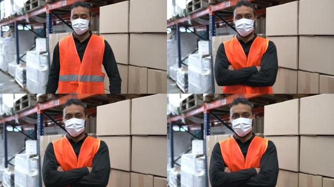 在仓库工作的一个戴着口罩的男人的肖像