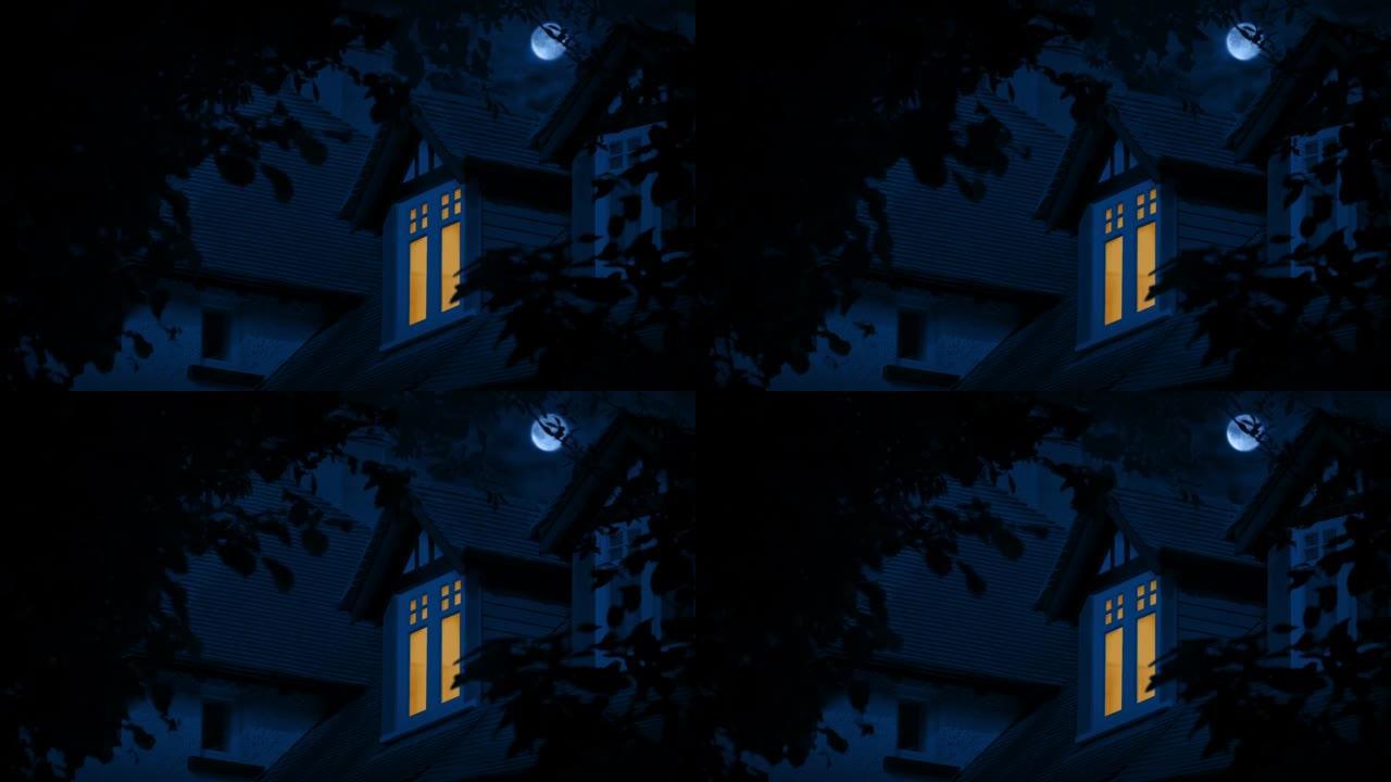 卧室窗户上方的雷击和满月，开灯