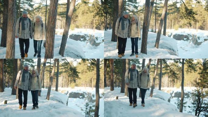 多莉在冬季森林中享受散步的幸福夫妇的镜头