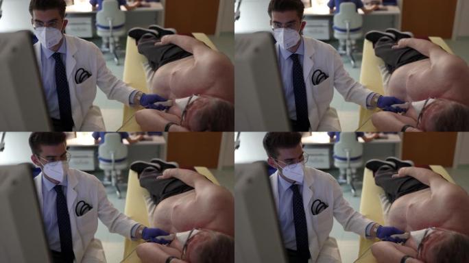 医生使用超声波设备检查病人的心脏