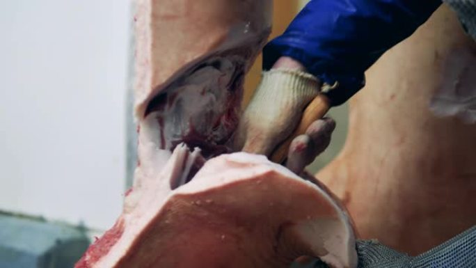 男屠夫在工厂切肉。