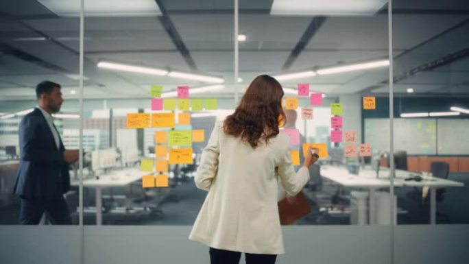 年轻自信的女商人用纸质笔记在办公室墙上创建项目计划。时尚漂亮的经理，从事商业、金融和营销项目。多元化