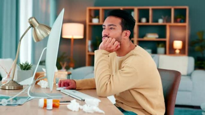 生病和疲倦的自由职业者盯着电脑屏幕，努力保持眼睛睁开，并在服用流感或鼻窦药物后入睡。感染covid并