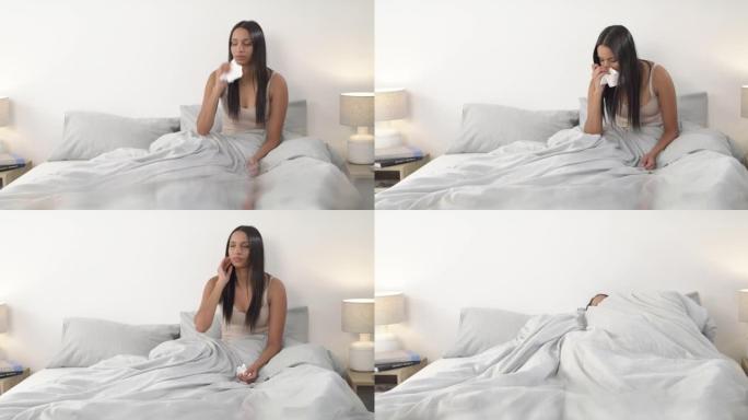 4k视频片段，一名年轻女子早上在家中躺在床上感到不适