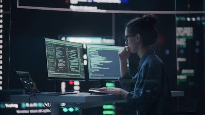 女性开发人员在计算机上思考和打字，周围是显示编码语言的大屏幕。在现代办公室工作的专业程序员，运行编码