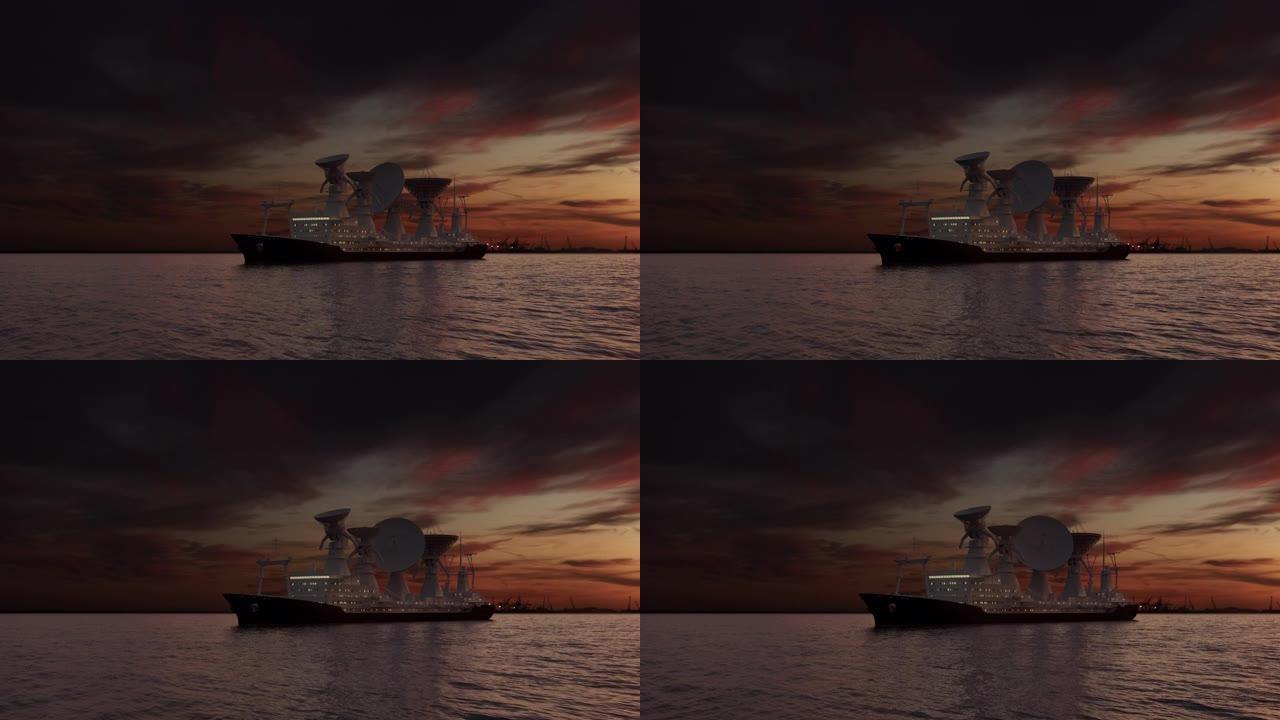 日落后海中装有卫星天线的科学船的无人机镜头