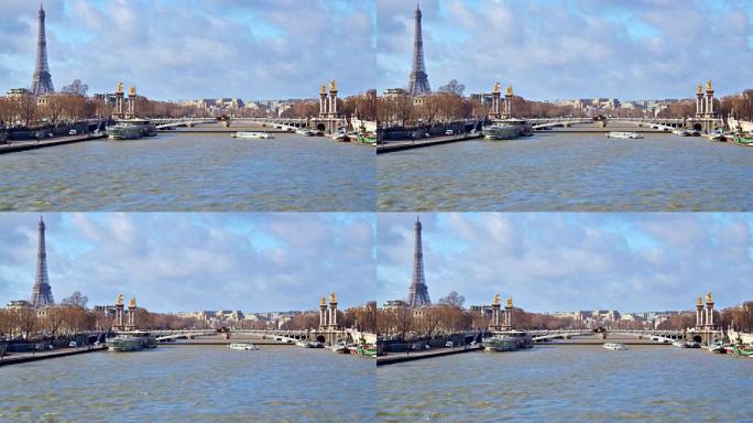 巴黎全景。埃菲尔铁塔。桥。河流