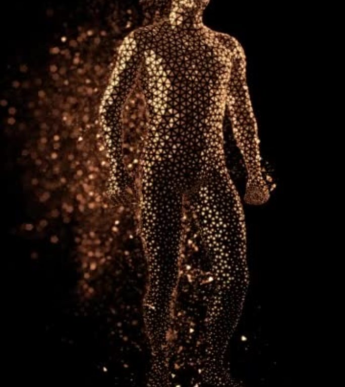 行走的人的多边形全息图由在黑色背景上行走的金色金属三角形组成，留下了金色粒子的痕迹