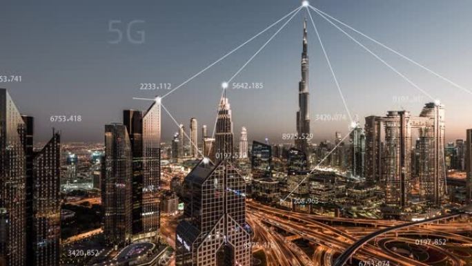 T/L TU迪拜城市天际线和5g网络概念，从白天到晚上