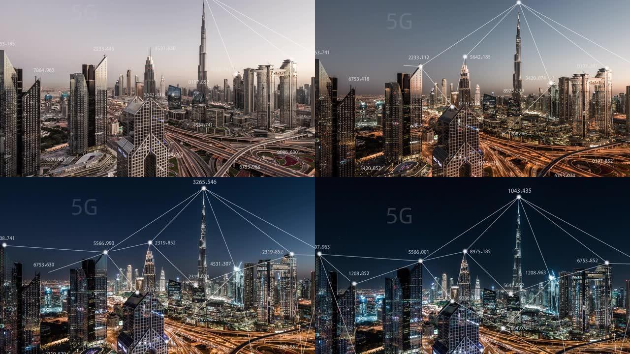 T/L TU迪拜城市天际线和5g网络概念，从白天到晚上