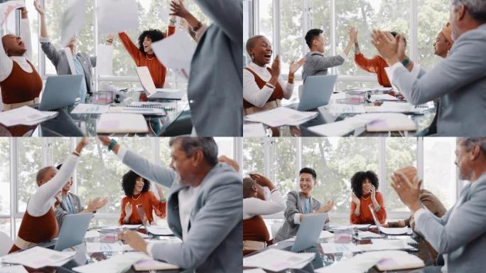 目标，成功或有文件的商务人士，以庆祝实现公司kpi销售目标。有动力、骄傲或赢得财务奖金的快乐、赢家或