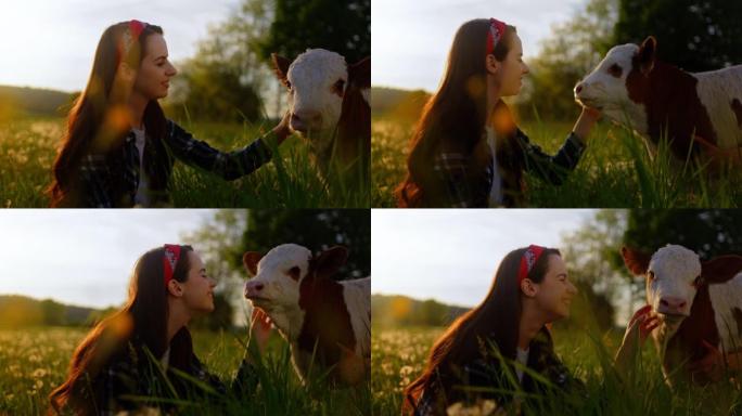 阳光明媚的日子，年轻女子在田野里抚摸年轻的小牛