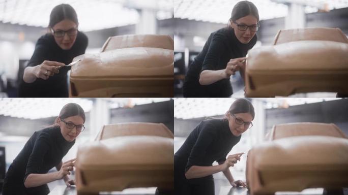 一位富有创造力的女性汽车建模师在用橡皮泥造型粘土制成的概念车上工作的肖像。有才华的设计师使用刮铲来平
