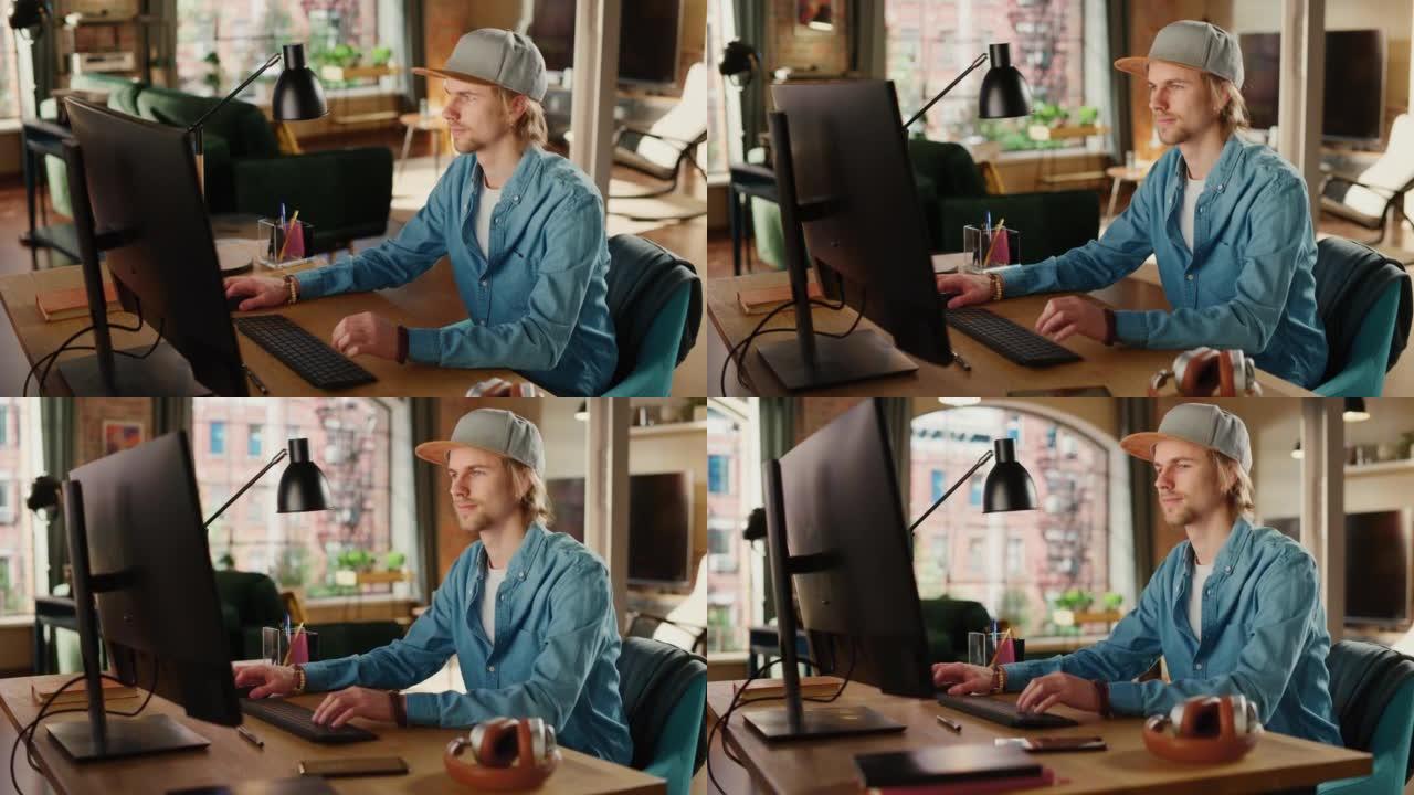 年轻英俊的男人在阁楼公寓用台式电脑工作。创意男性查看社交媒体，在家浏览互联网。从大窗户可以看到城市的