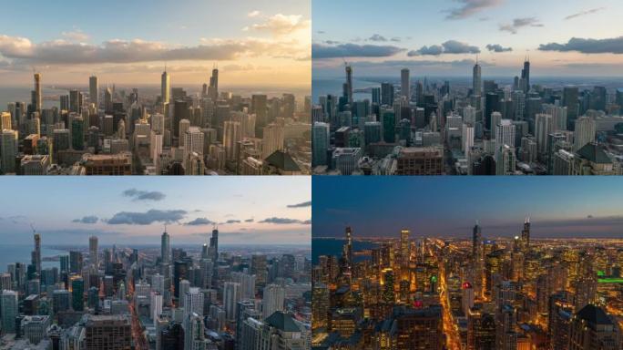 美国伊利诺伊州芝加哥的芝加哥城市景观日夜流逝