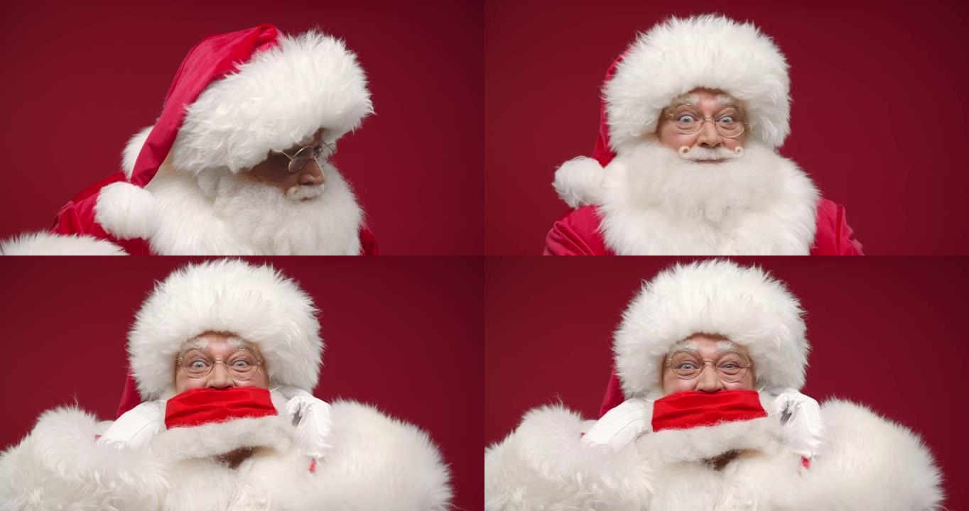 一个快乐的圣诞老人记得，他需要戴上防护面罩，所以他戴上红色面罩，站在红色背景上
