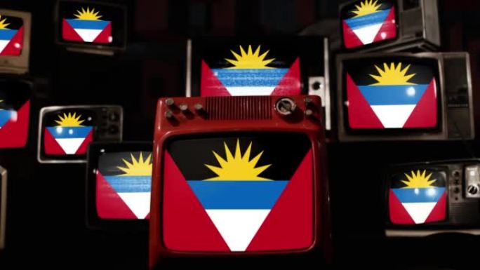 安提瓜和巴布达国旗和老式电视。4k分辨率。