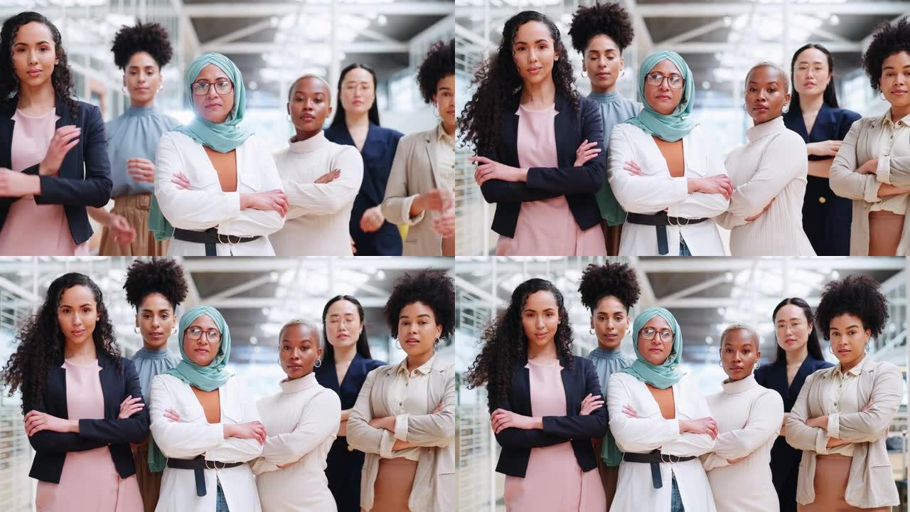 创意营销创业公司的团队领导、赋权和女性头巾。团队合作，多元化和自信的女性群体，在办公室的广告行业中具