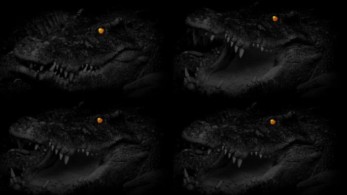 大鳄鱼在黑暗中张开嘴，发光的眼睛