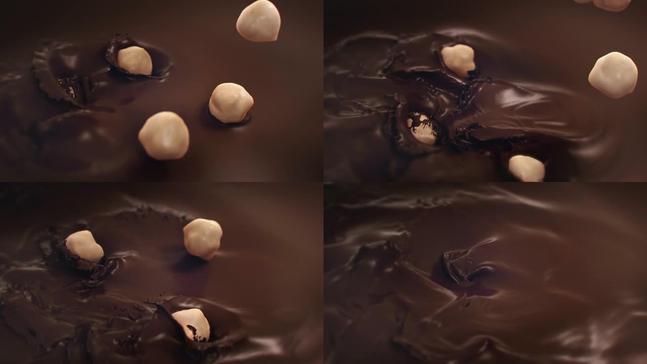 榛子在4k超慢动作中溅到液态黑巧克力中