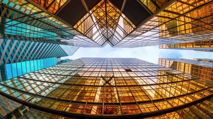 时间流逝香港摩天大楼的上升角度与高楼之间的云反射