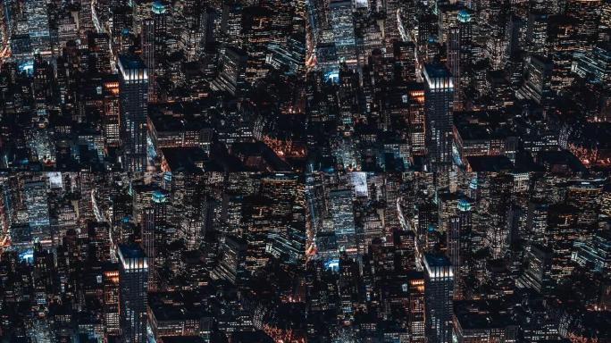 曼哈顿中城夜间摩天大楼的T/L TU鸟瞰图/纽约