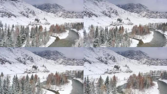 森林里下了一整夜的雪，树林变成了梦幻般的雾凇，河水仍然穿过