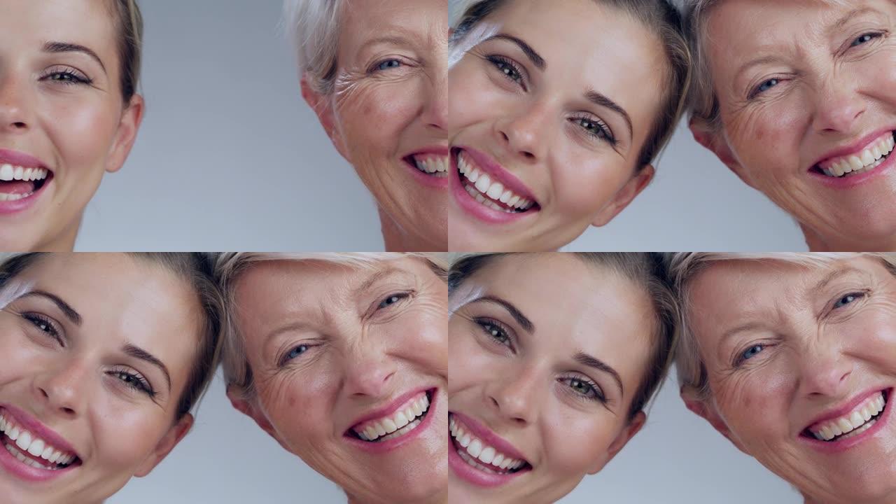 护肤品，美容和肖像的妇女和母亲微笑的健康，皮肤病学和抗衰老过程。水疗美学，家庭健康和女性的快乐面孔，