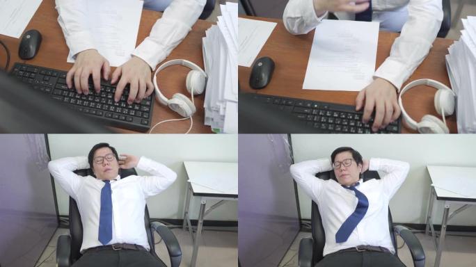 亚洲男子睡在工作场所，办公室