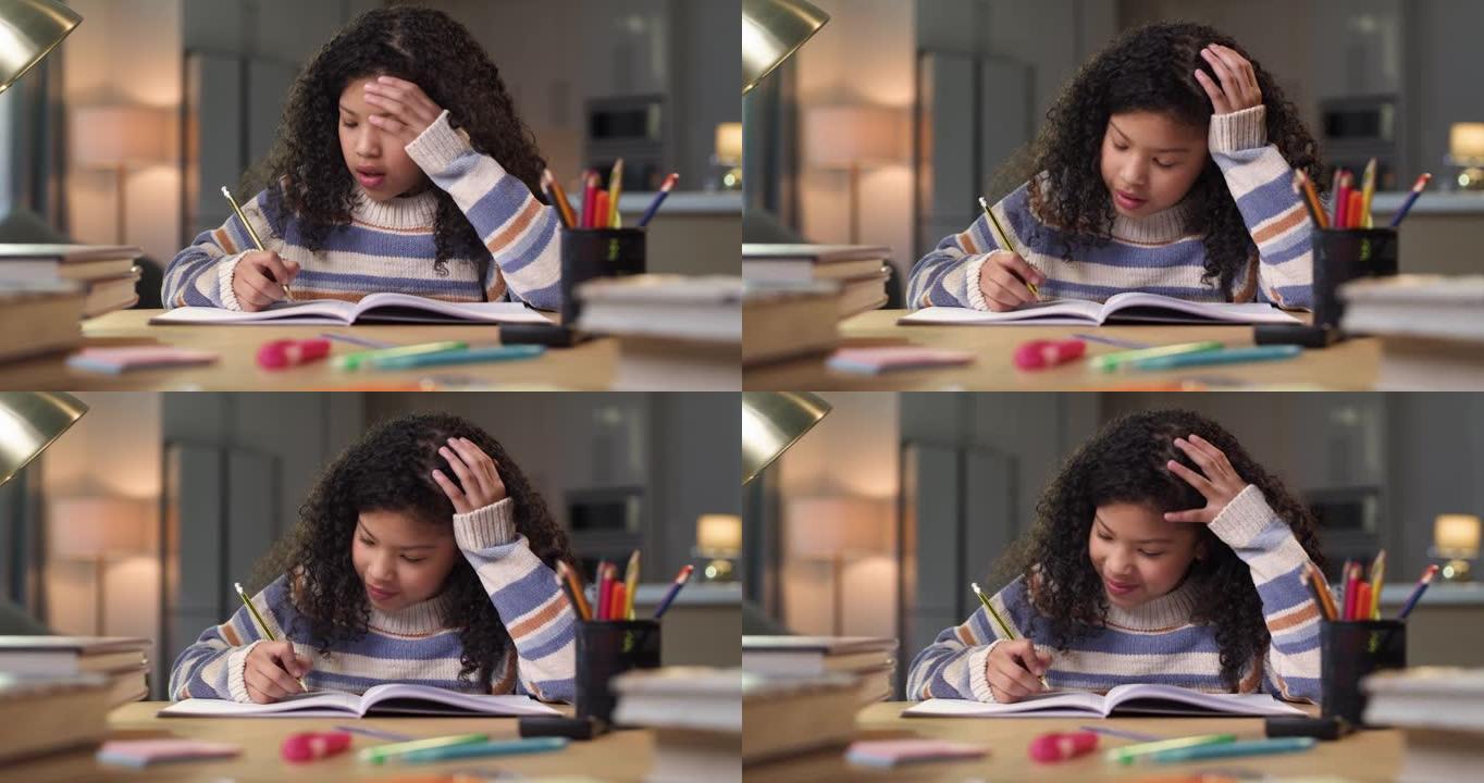 4k视频片段，一个年轻女孩独自坐在家里，在做作业时感到沮丧