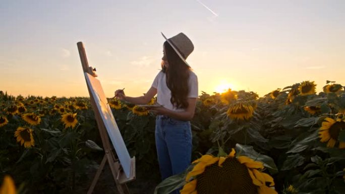 慢动作年轻艺术家在大自然中画向日葵