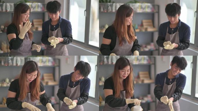 戴着防护手套的亚洲中国少年准备从女艺术家那里学习肥皂制作过程