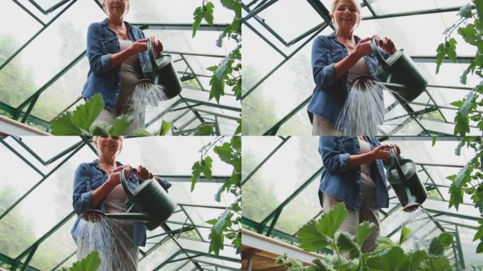 成熟的女人在家里的温室里浇水可以园艺-慢动作拍摄