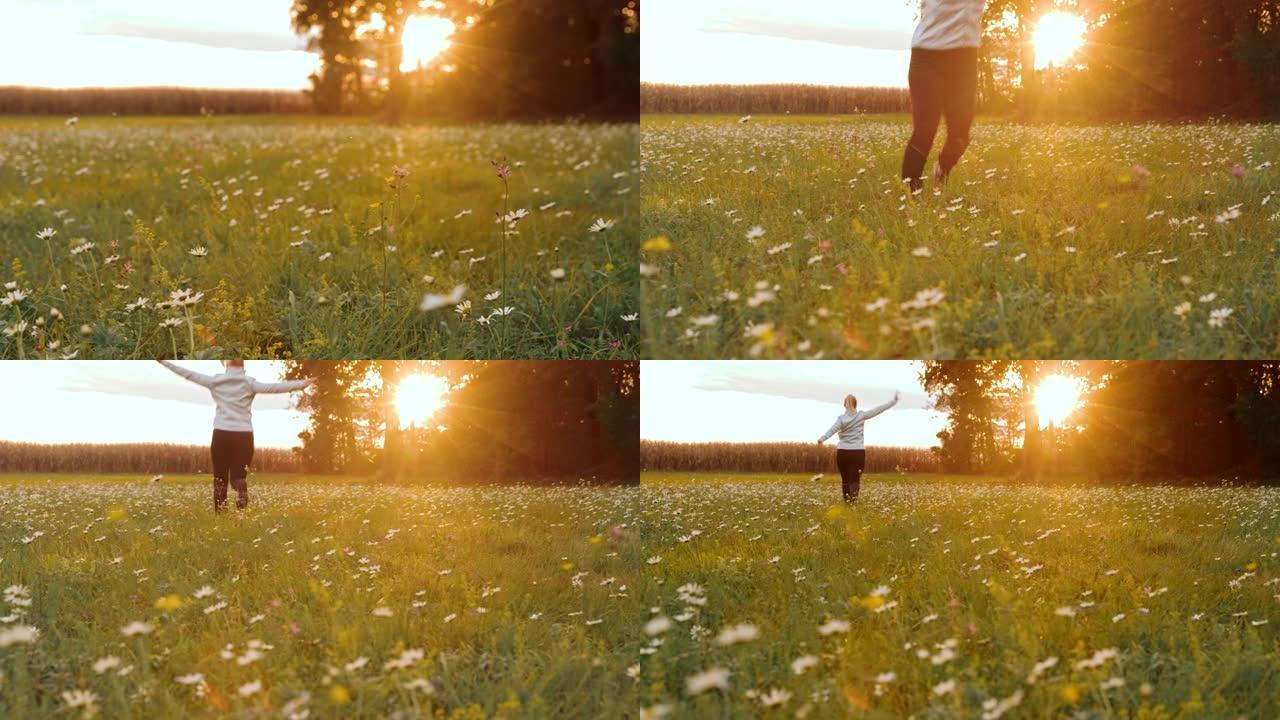 日落时，SLO MO女人在草地上的雏菊中旋转