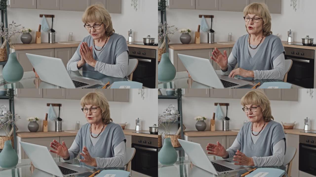 老年妇女在笔记本电脑上进行视频通话