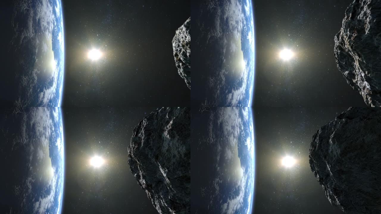 一颗小行星危险地从右边接近地球。星空。NASA。