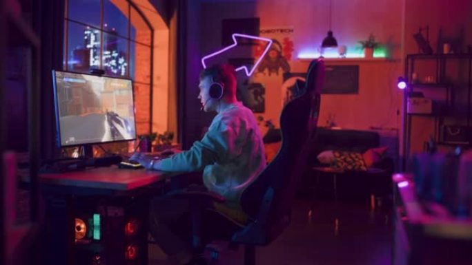 在家玩游戏: 玩家在个人计算机上玩了一轮在线视频游戏后感到悲伤和愤怒。时尚男性游戏射击游戏在线多人P