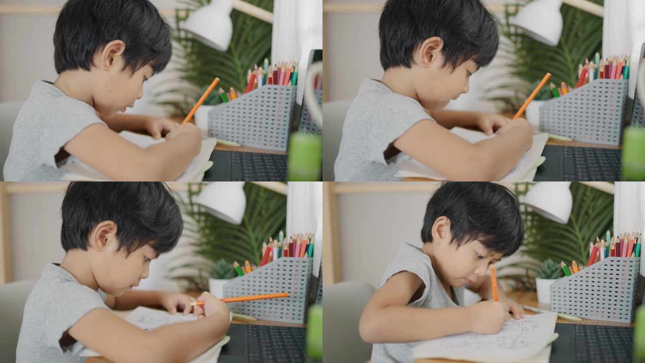 孩子在家学习。教学画画彩铅