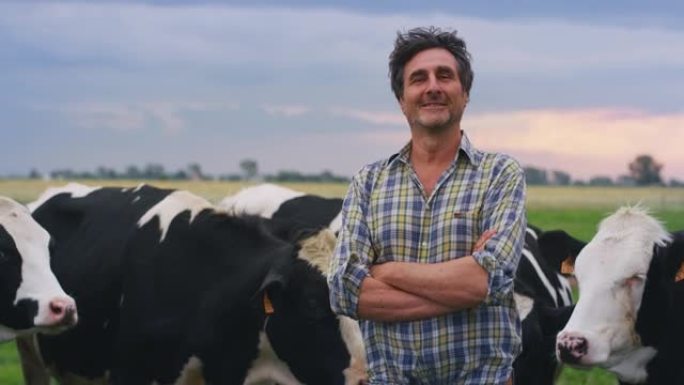 一个成熟的男性农民在镜头前微笑着自豪地在一个用于生物生态的天然谷物种植和有机种植的麦田里工作