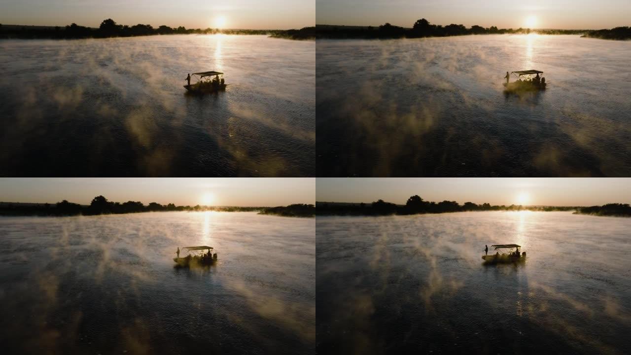 在赞比西河上钓鱼的旅游船的特写鸟瞰图