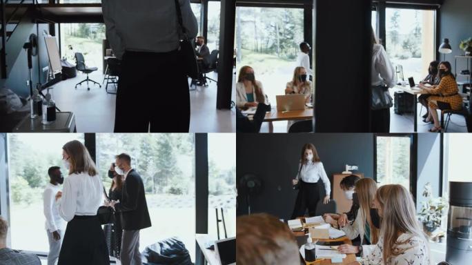 镜头跟随年轻美丽的20多岁的白人商务女性使用洗手液进入灯光办公室团队会议。
