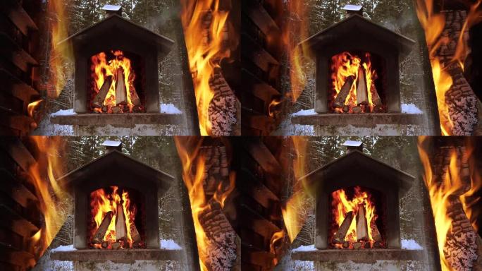 浪漫舒适的壁炉，燃烧的火焰和破裂的火声