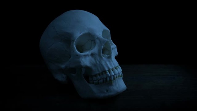 黑暗中桌子上的人类头骨