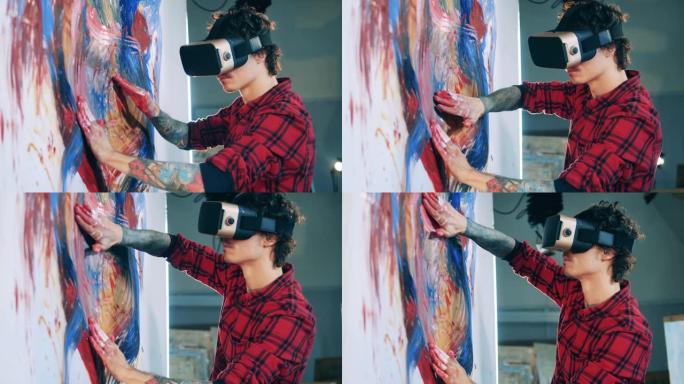 一位戴着VR眼镜的艺术家正在画一幅五颜六色的画。虚拟现实，未来主义艺术概念。