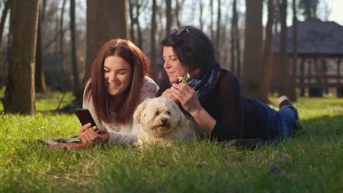 两名妇女在公园的草地上放松时使用手机观看媒体内容