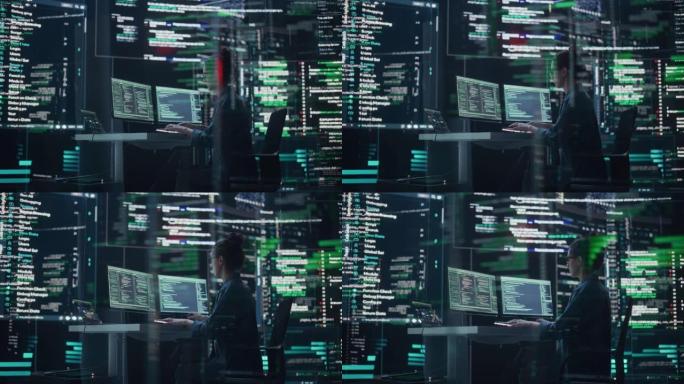 在监控控制室工作的女程序员的多莉镜头，周围是大屏幕，显示编程语言代码行。女人创建软件和编码的肖像
